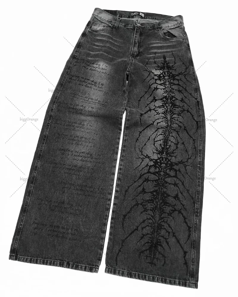 جينز عصري برسومات قوطية داكنة لعام 2025 للرجال الهيب هوب ملابس خروج فضفاضة غير رسمية عالية الخصر سراويل مستقيمة للنساء #3