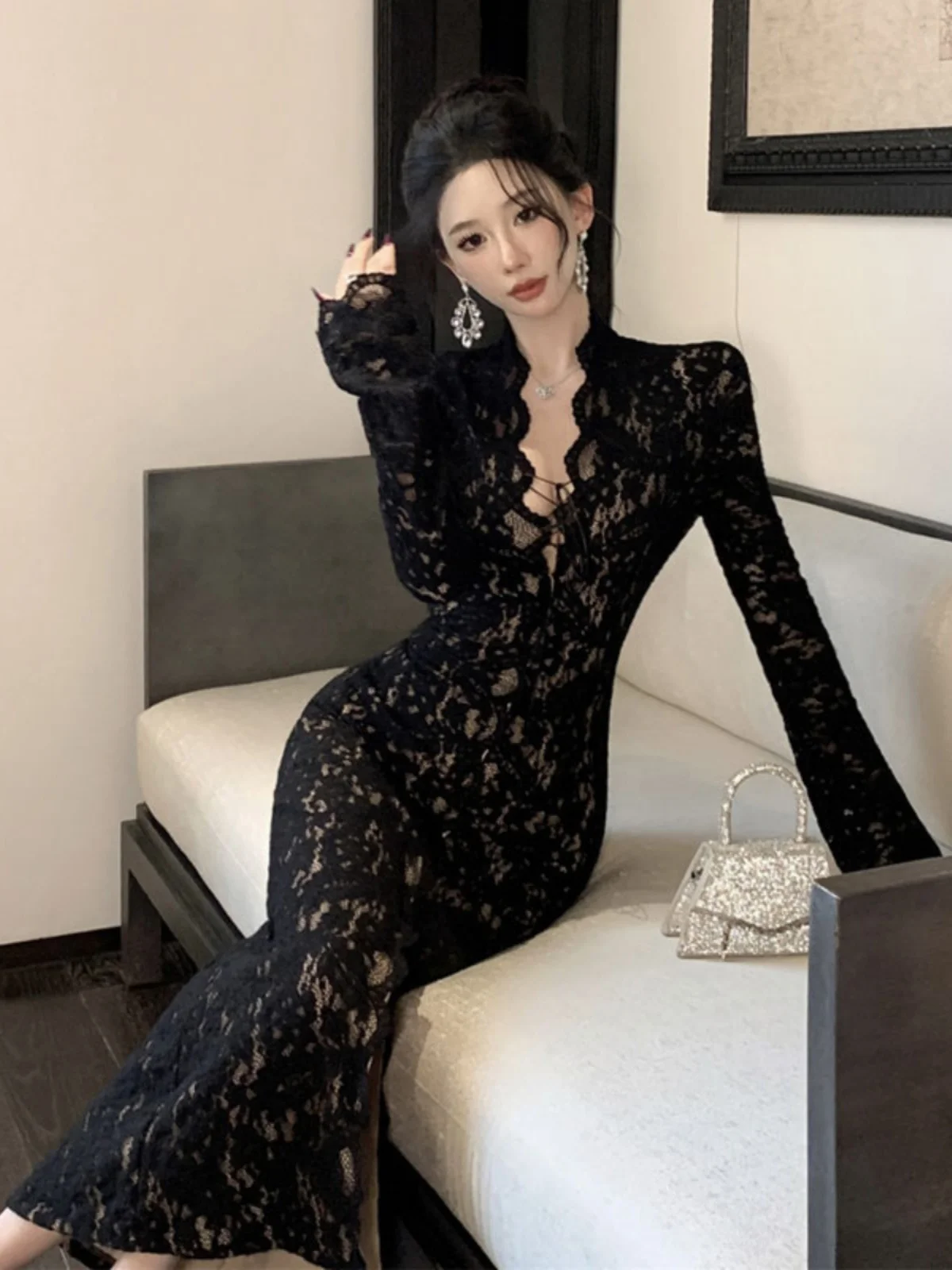 

Elegant Lace Bodycon Dress Sexy Feminine Style Polyester Fiber Long Sleeve V Neck No City Commute Street Style Date