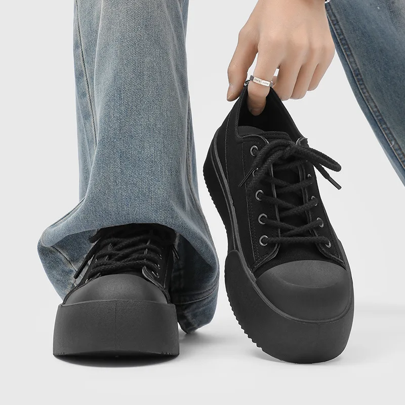 2026 Men's Brown Retro Chunky Platform Canvas Shoes Big Head Thick Sole Heightening Casual Lace Up Sneakers Non-slip Footwear
