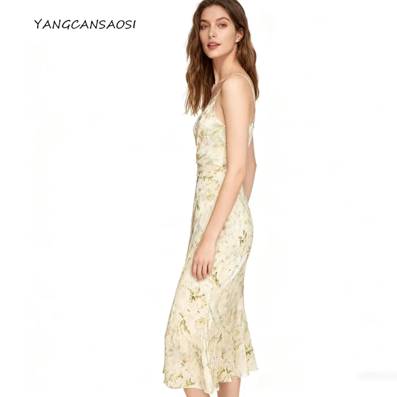 

Women's Fashion Autumn New 62% Natural Mulberry Silk Extended Dress Daisy Gold Thread Velvet Burnt Flower Slant Strap Dress