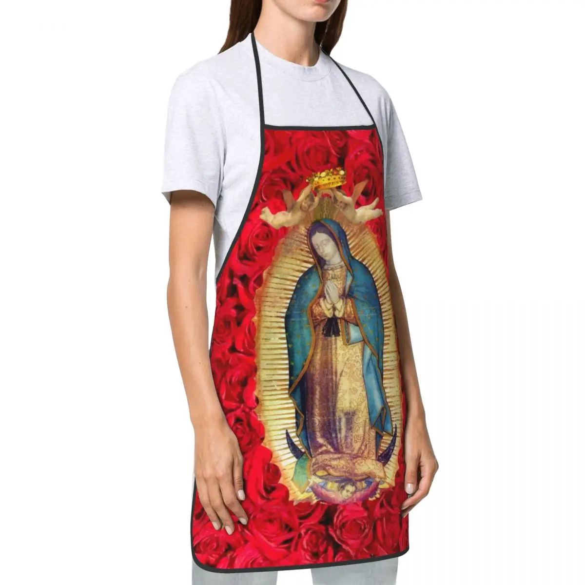 Custom Unisex Guadalupe Virgin Mary With Flowers Bib Apron Adult Women Men Chef Tablier Cuisine for Cooking  Catholic Baking