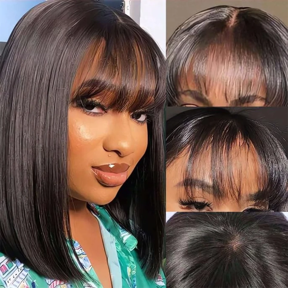 Straight Bob Wig Human Hair With Bangs And Fake Scalp 3x1 HD Lace Middle Part Wigs For Black Women Glueless Wear And Go Bob Wigs