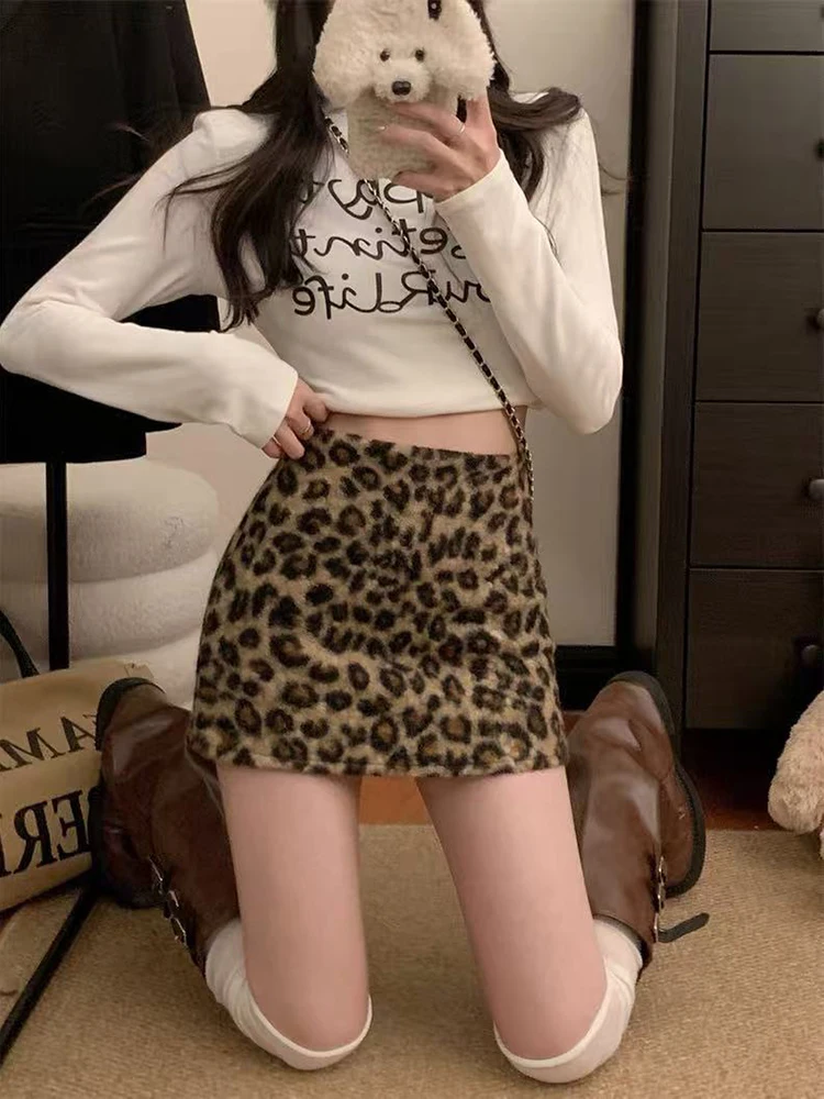 Vintage Luipaardprint Mini Rokken voor Vrouwen Lente Nieuwe Faux Lam Slanke Rokken Y2K Koreaanse Hoge Taille Streetwear Bodycon Rokken Nieuw