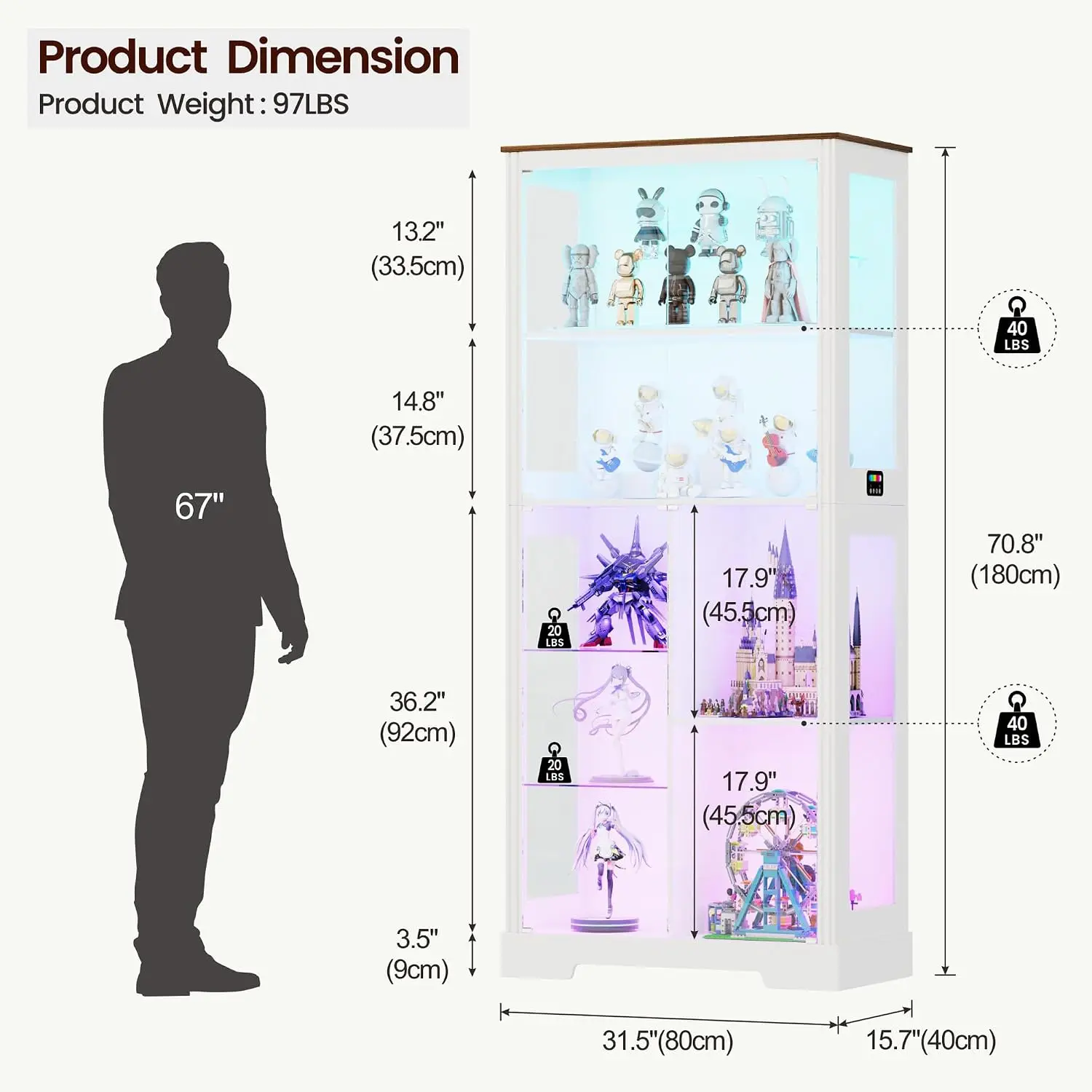 71” Glass Display Cabinet with RGB Light for Collectibles - White | 4mm Tempered Glass Doors, 7-Tiers Large Storage Capacity, Hu