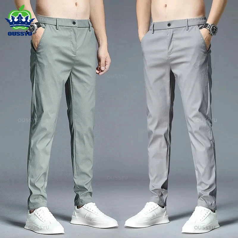 

Summer Casual Pants Men Thin Stretch Slim Fit Elastic Waist Business Classic Korean Work Cotton Trousers Male Khaki Gray Green