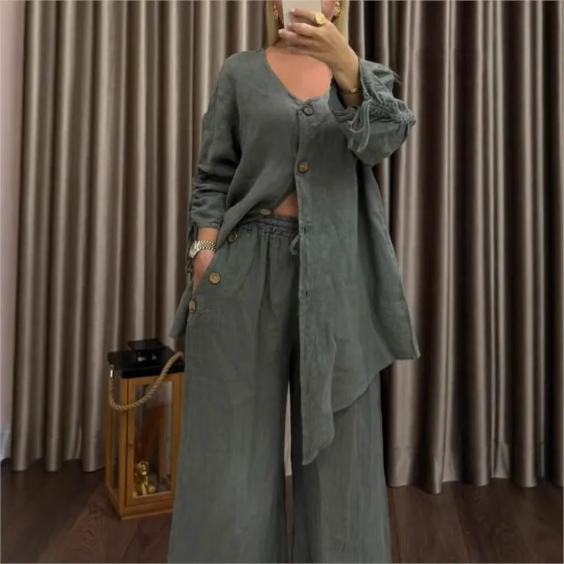 Conjuntos de dos piezas de lino y algodón a la moda para mujer, conjuntos de pantalones informales holgados lisos, cárdigan, pantalones de pierna ancha de cintura alta, conjunto de 2 piezas