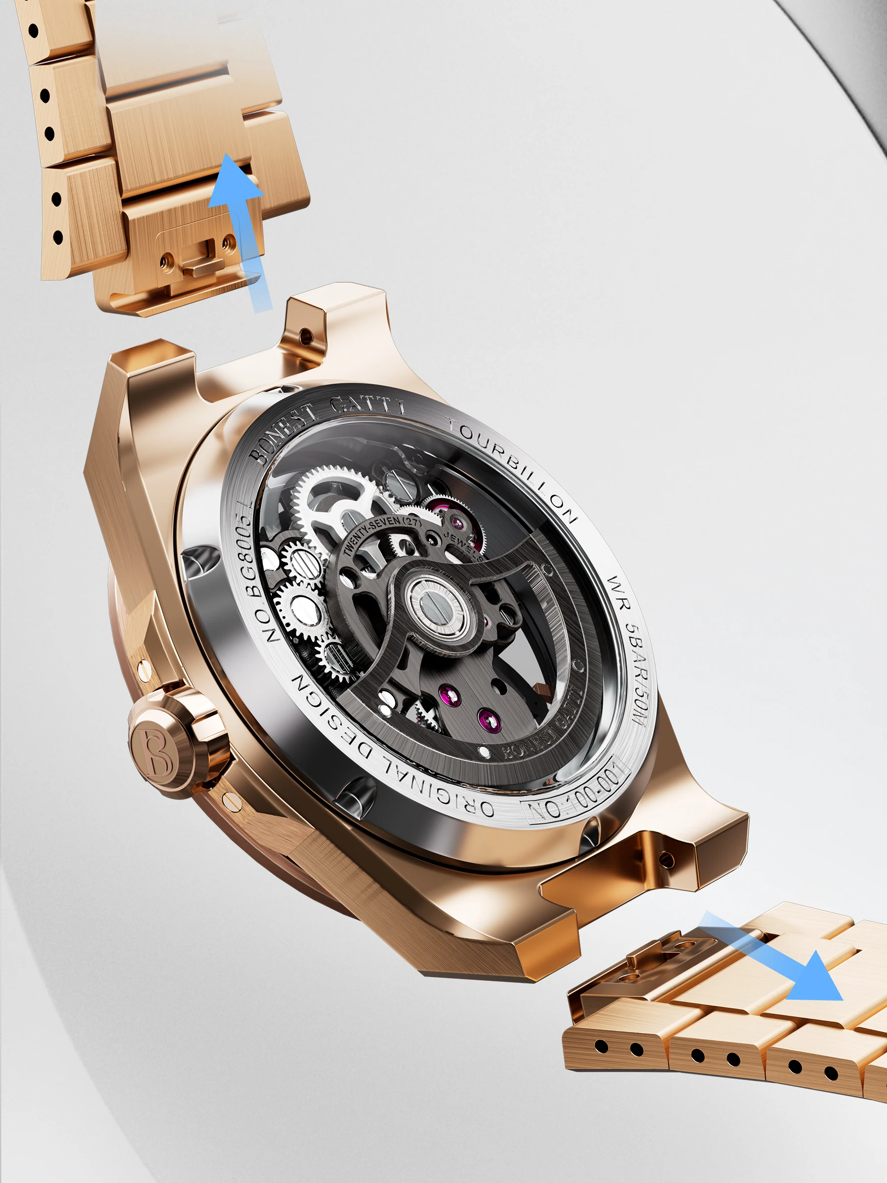 BONEST GATTI Мужские часы с турбийоном 42 мм Механические наручные часы с сапфировым стеклом Светящийся кристалл Скелет-циферблат