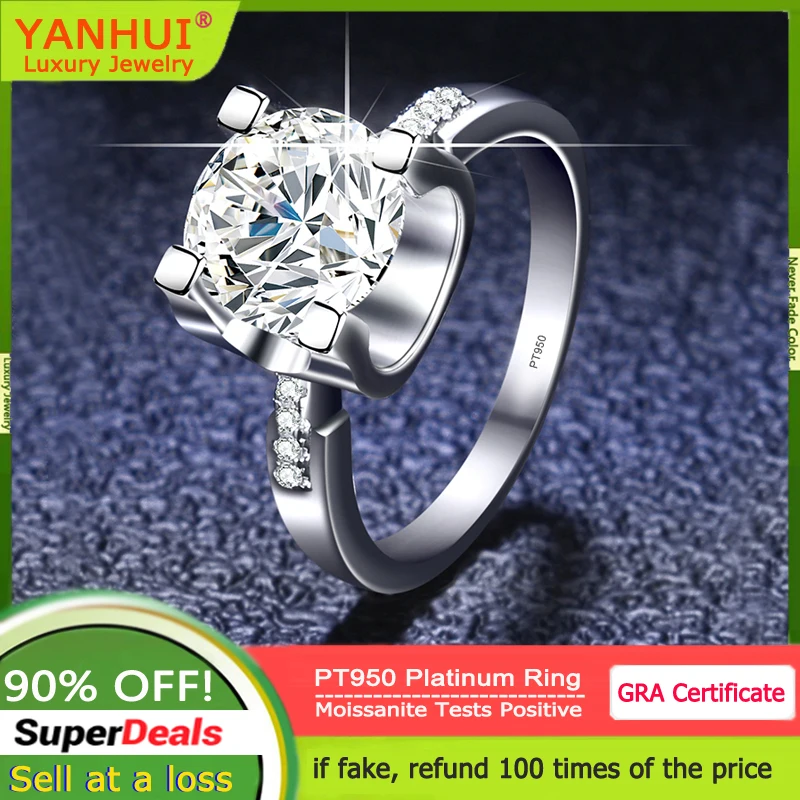 YANHUI PT950 Platinum Ring 0.5/1/2ct Moissanite Round Cut Diamond Ring for Women Wedding Promise Band Fine jewelry