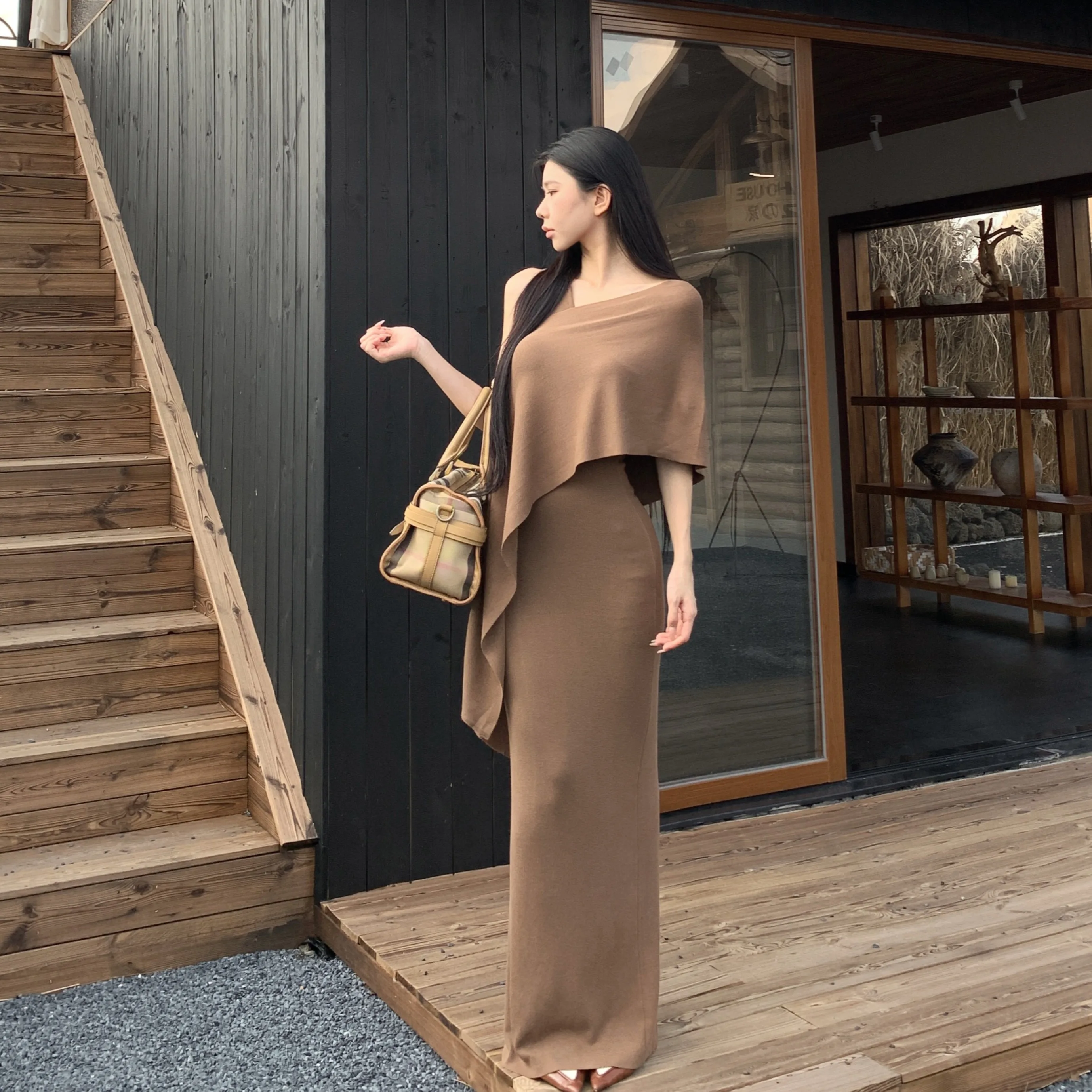 الخريف الشتاء البني القلنسوة Ne محبوك Svel Dr and awl قطعتين مجموعة للنساء Ele Sle لا العلامة التجارية المسجلة