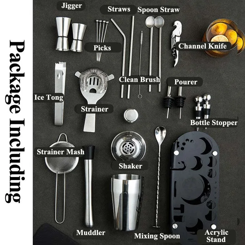 23 Piece Complete Professional Bartender Kit Stainless Steel Cocktail Shaker Set Bar Accessories Home Bars Kit Bartender Tools