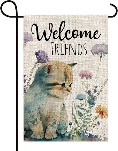 Welcome Friends Cute Cat Floral Double Sided Burlap Garden Flag, 12