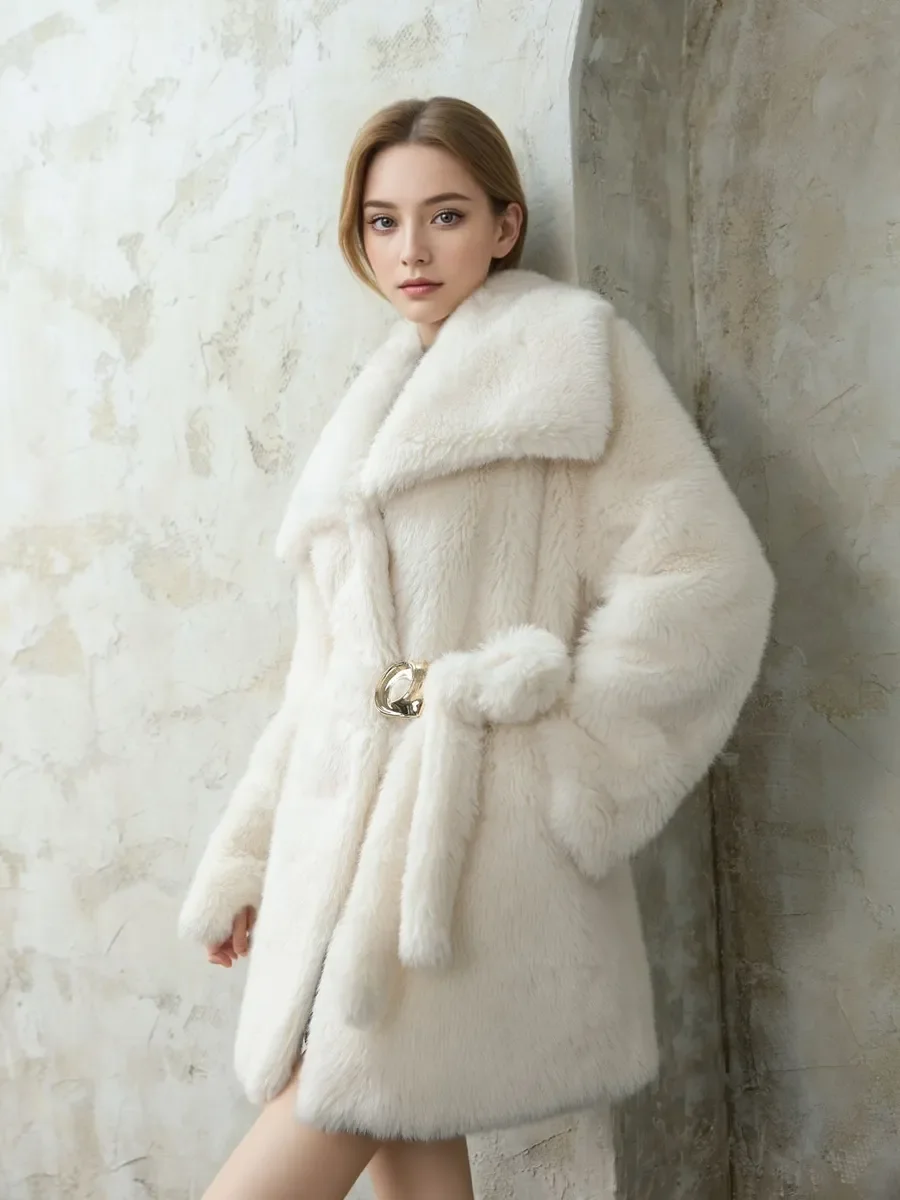 RU Women Faux Fur Coat Big Lapel Collar Belted Waist Mid‑Length Outerwear With Pockets