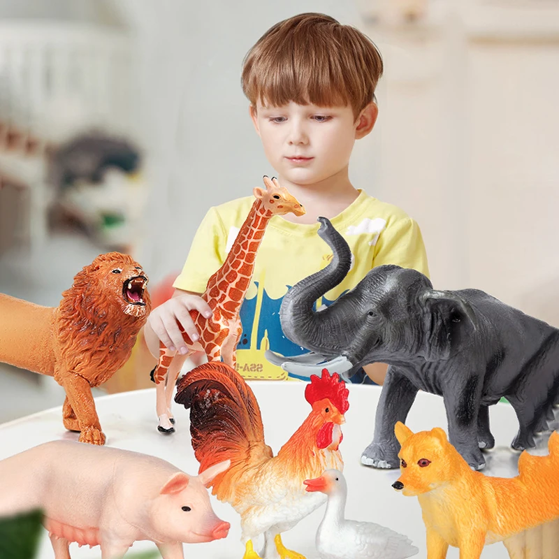 13PCS Children's Simulated Animal Model Toy Set Elephant Gorilla Tiger Lion Hippo Panda Farm Small Animal Toys with Picture Book