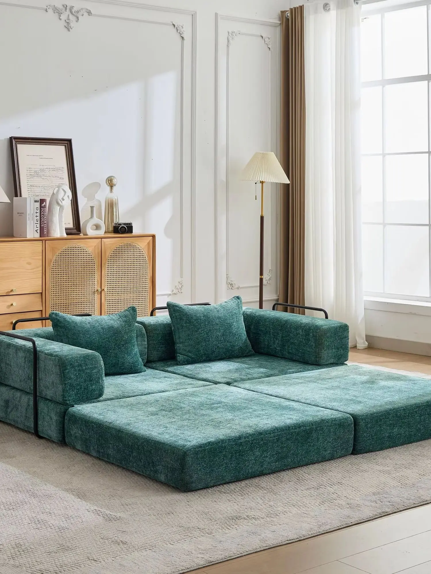 Grünes modulares, umwandelbares Chenille-Bodensofa, 2-Sitzer, faltbares Sofa, Lazy Floor Sofa, keine Montage erforderlich, Taschenfederkern-Memory-Schaum-Sofa für Wohnzimmer, Schlafzimmer, kleine