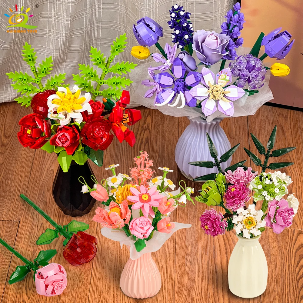 HUIQIBAO MOC 꽃 모델 블록 세트 DIY 영원한 꽃다발 브릭 키트 장난감 어린이 소녀용 홈 데스크 장식 크리스마스 선물
