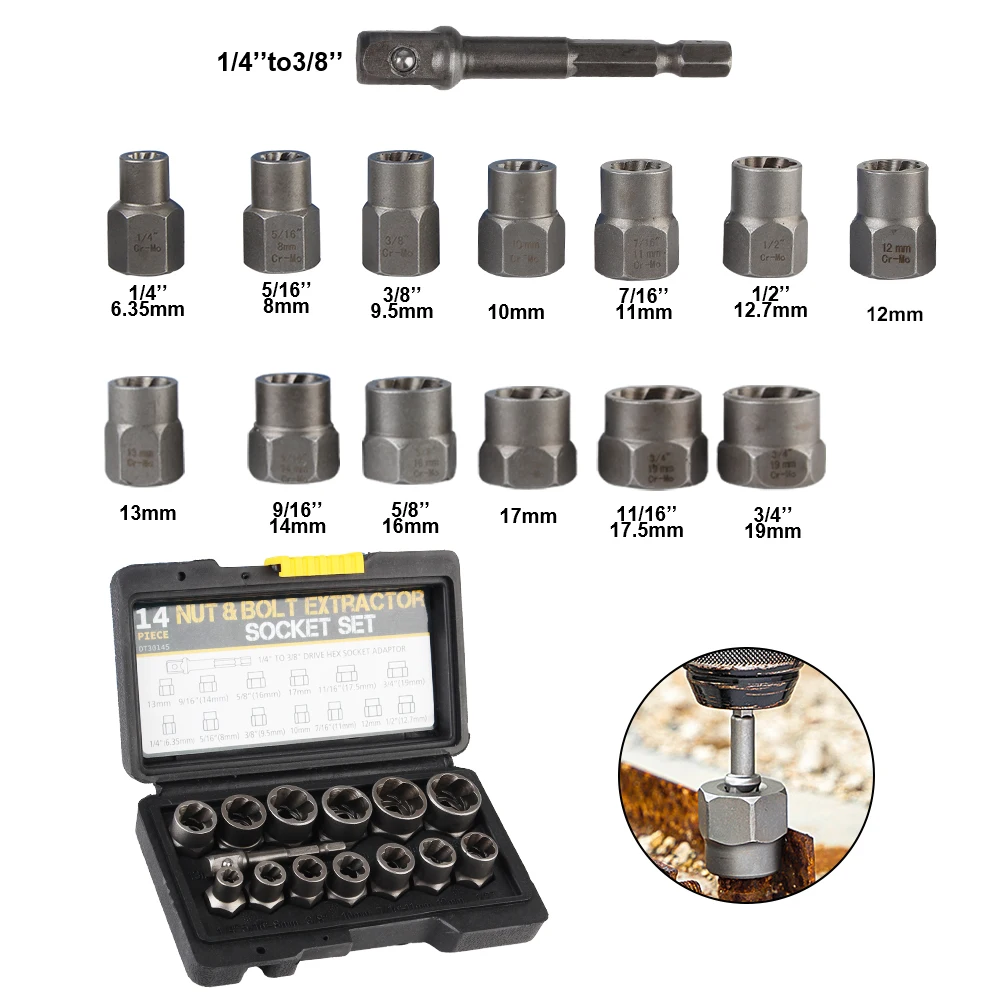 Cr-Mo Steel Damaged Screw Extractor 14pcs 6.35mm-19mm Hand Tools Bolt Nut Remover Socket Set Car Tool Kit