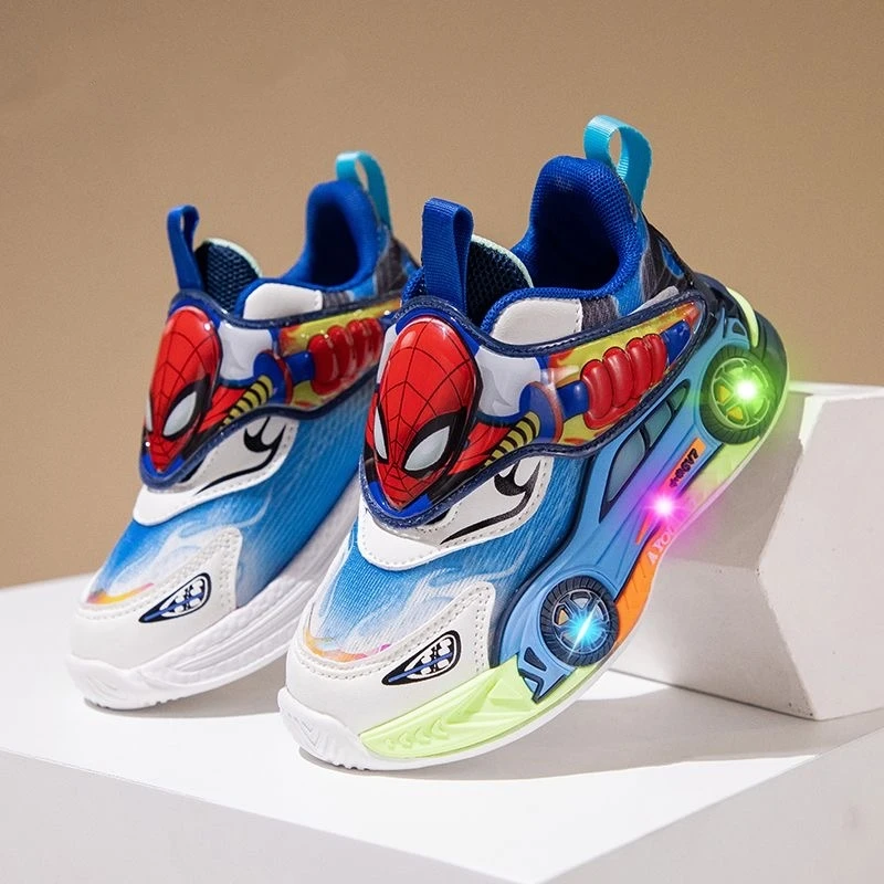 

Marvel Children's Shoes Fashion Cartoon LED Lights Spiderman Sneakers for Boys Breathable Sport Anti-slip Student Shoes Size 26