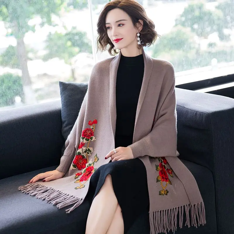 Poncho female spring and autumn ladies casual shawl coat mid-length cape cloak cashmere scarf cardigan full sleeve coat tops