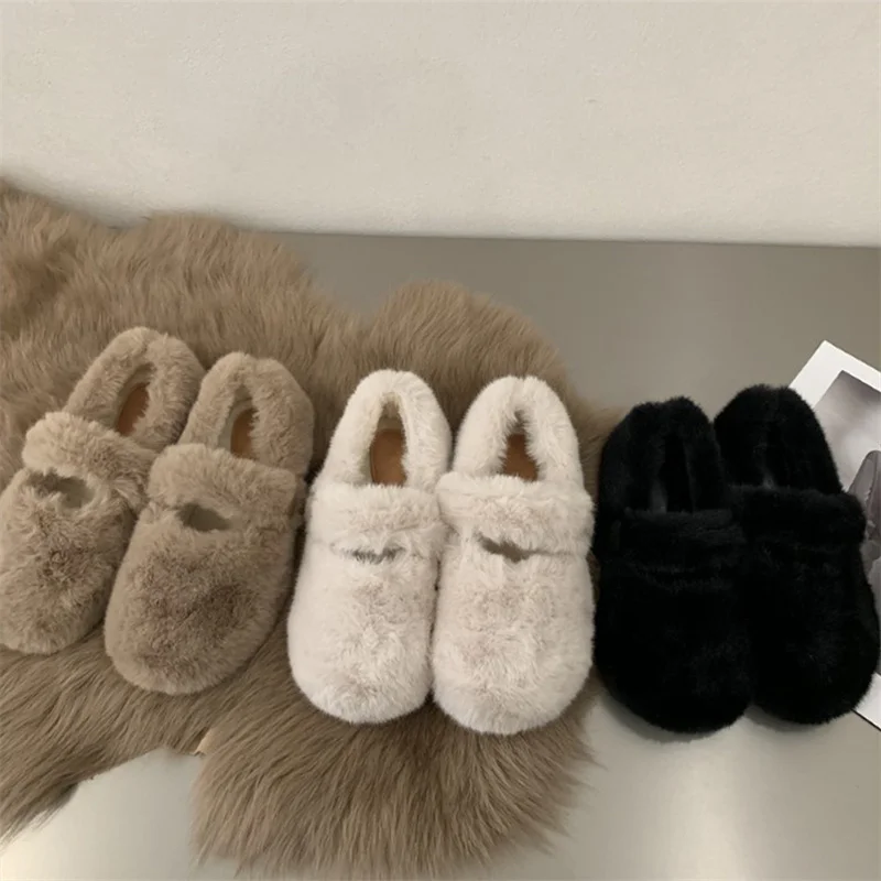 

2022 Women's Plush Flat Slippers In Autumn And Winter New Outdoor And Indoor Fashionable And Warm Faux Wool Baotou Slippers