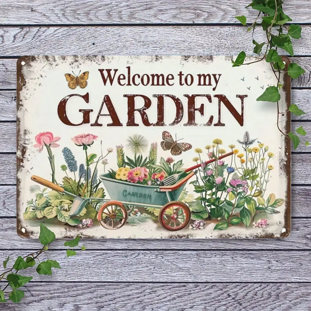 Vintage-Garten-Metallschild „Welcome to My Garden“, rustikale Wanddekoration, 20,3 x 30,5 cm, bunte Blumen