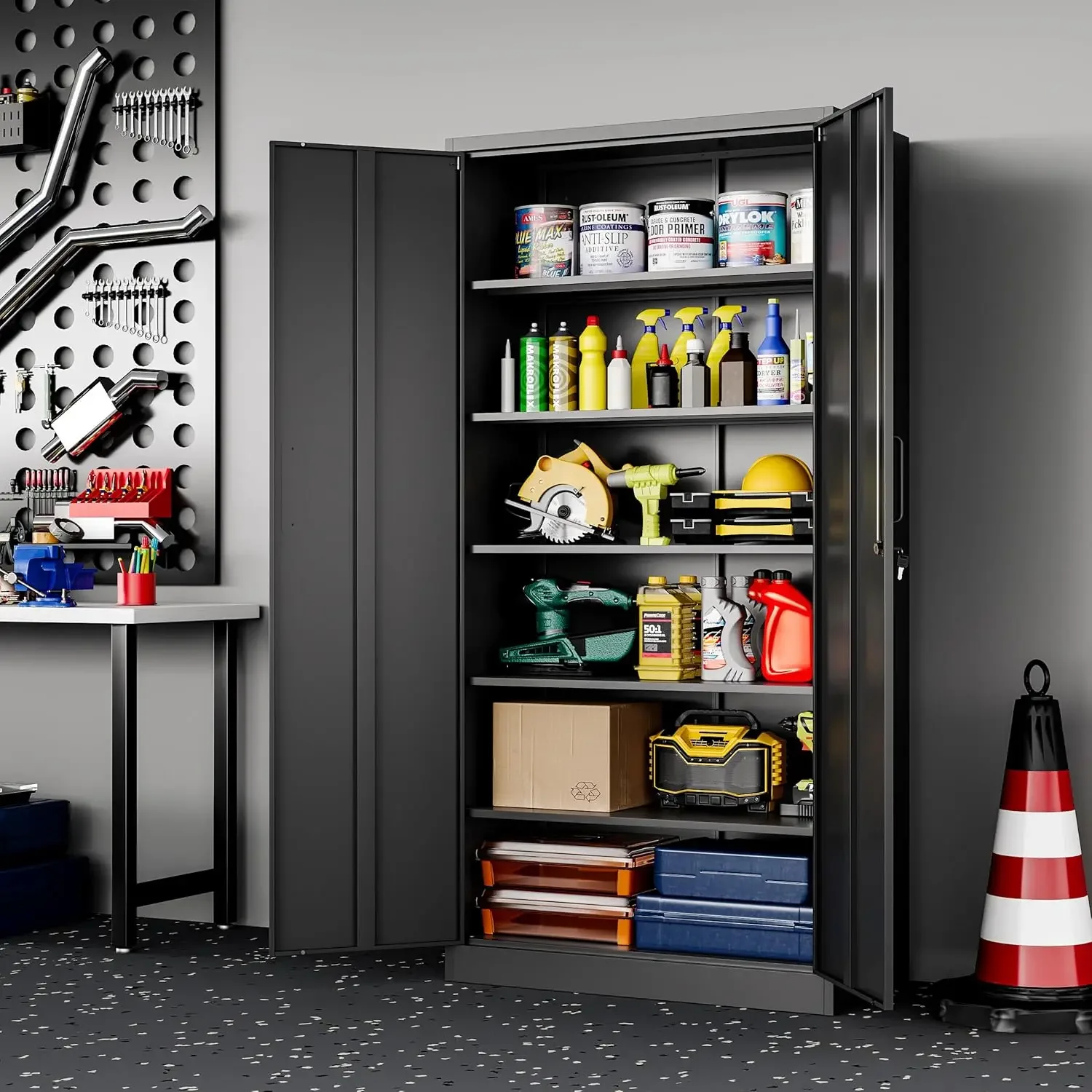 

Metal garage tool storage cabinet, 71 inch tool cabinet with 5 adjustable shelves and locked door,