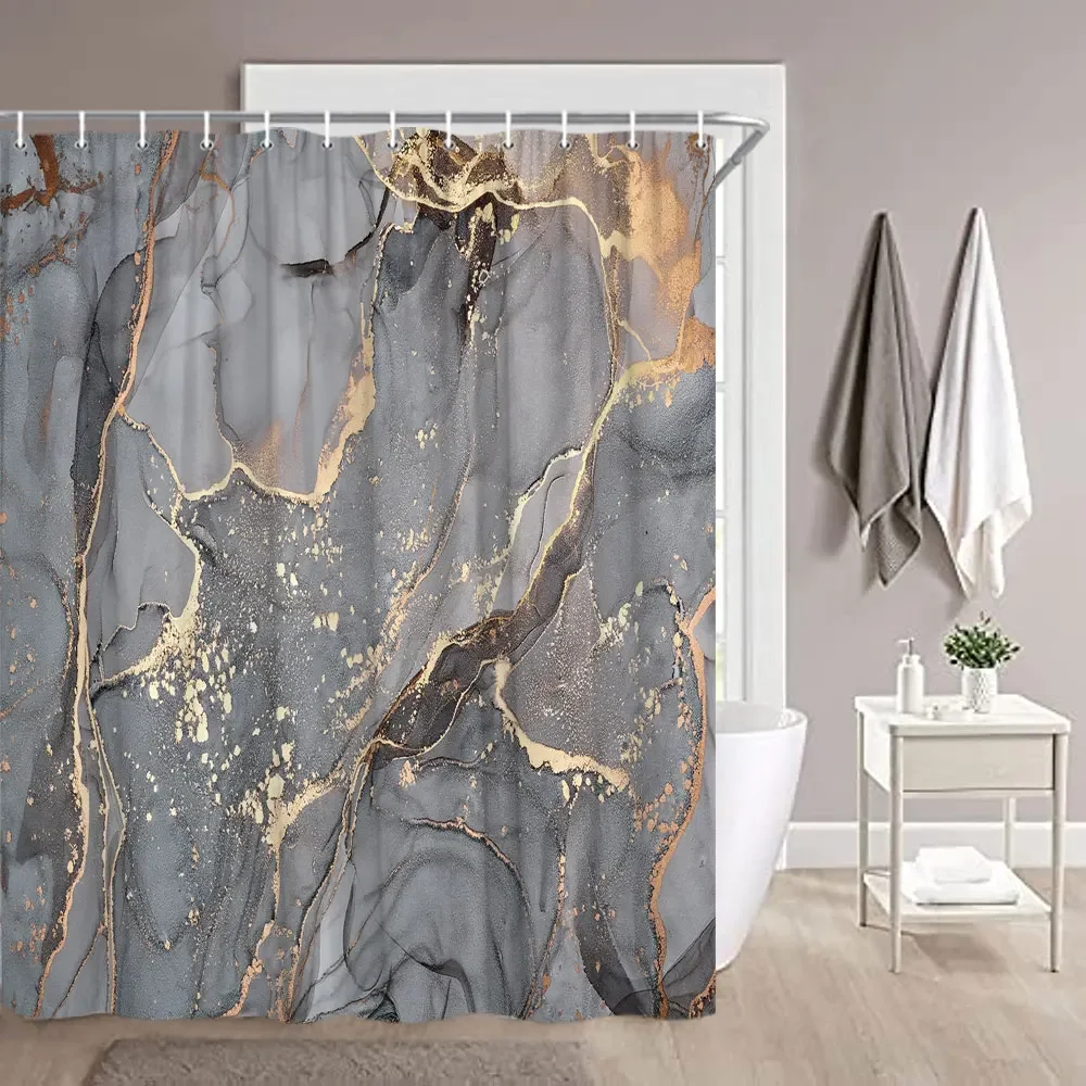 Black Gold Marble Shower Curtain Black Golden Cracked Lines Abstract Modern Washable Polyester Shower Curtains Bathroom Decor