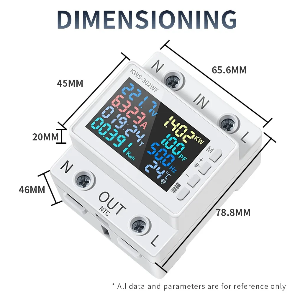 Tuya WiFi 8in1 Power Meter AC Energy Meter Digital Color Screen 2P 170-270V/63A Voltage Current Meter APP Relay Circuit Breaker