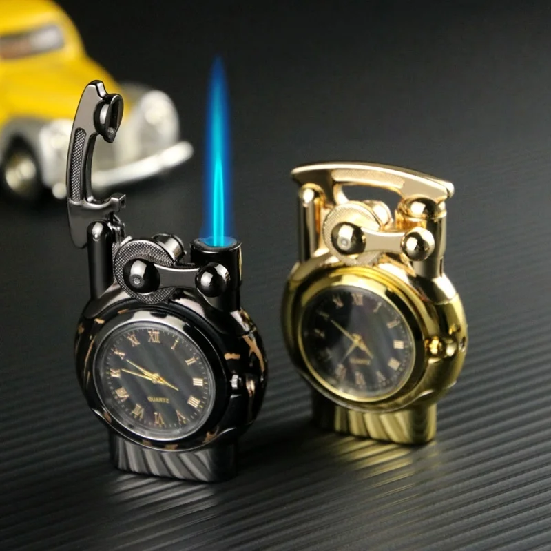 Metal Quartz Watch Inflatable Lighter Windproof Multifunctional Rocker Arm Spray Blue Flame Fashionable Lighter Men's Gift