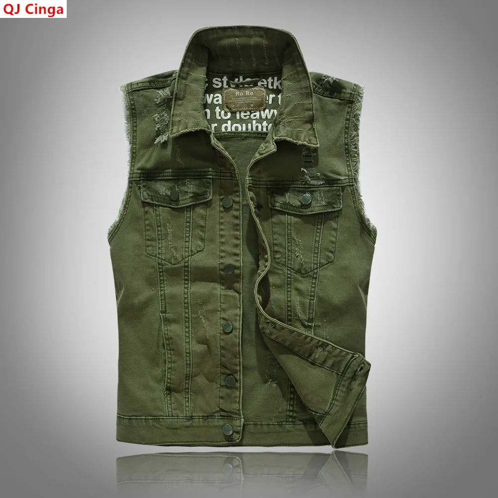 Army Green Men's Sleeveless Vest Coat; Asian-sized Single-breasted Lapel Denim Jacket.  Suitable for Spring, Summer, and Fall.