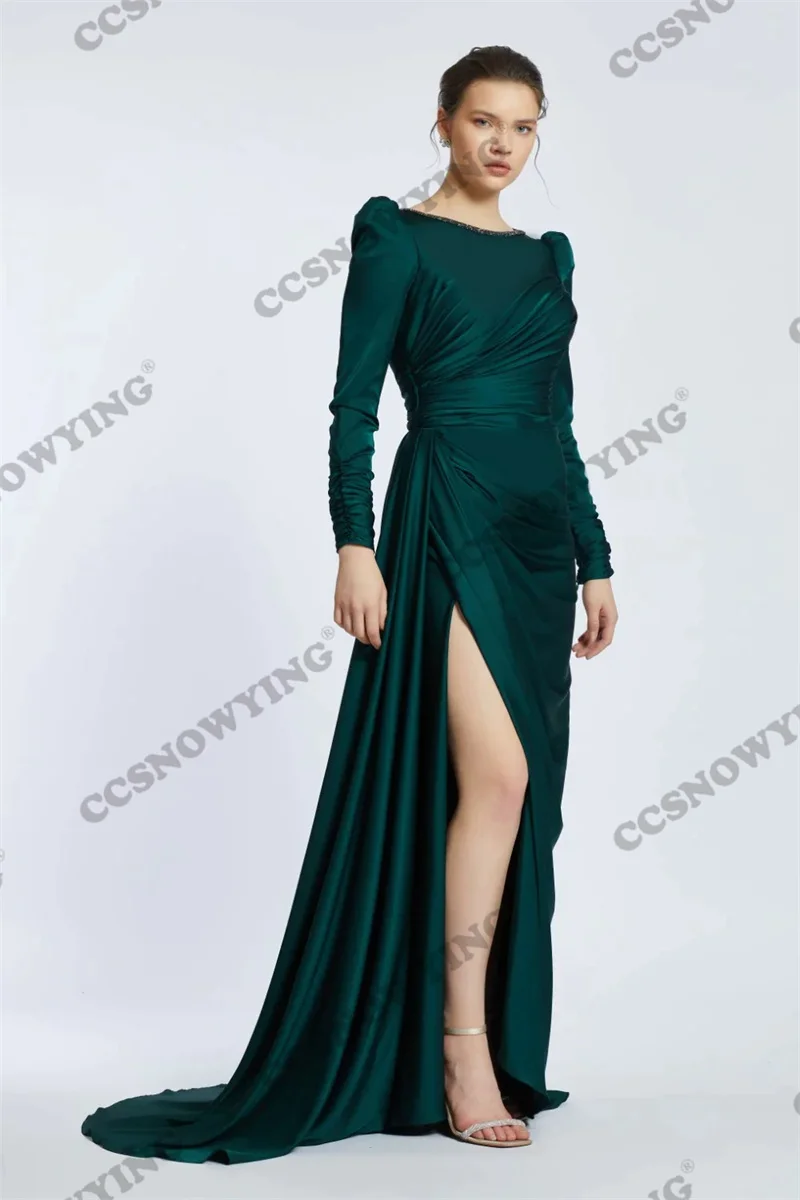 Elegant Satin Long Sleeve Prom Dresses High Slit Side Formal Evening Party Gown Women Robe De Soiree