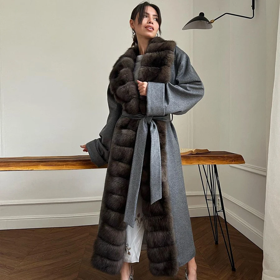 Real Cashmere Coat With Natural Fox Fur Trim Wool Fur Coat Women Clothing Luxury Long Warm Winter Jacket