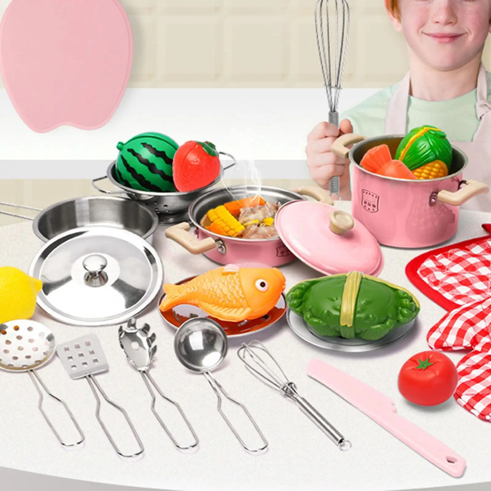 25Pcs Kids Play Kitchen Toy Accessories Set Metal Utensils Unbreakable for Girls 3+ Versatile Lightweight Realistic