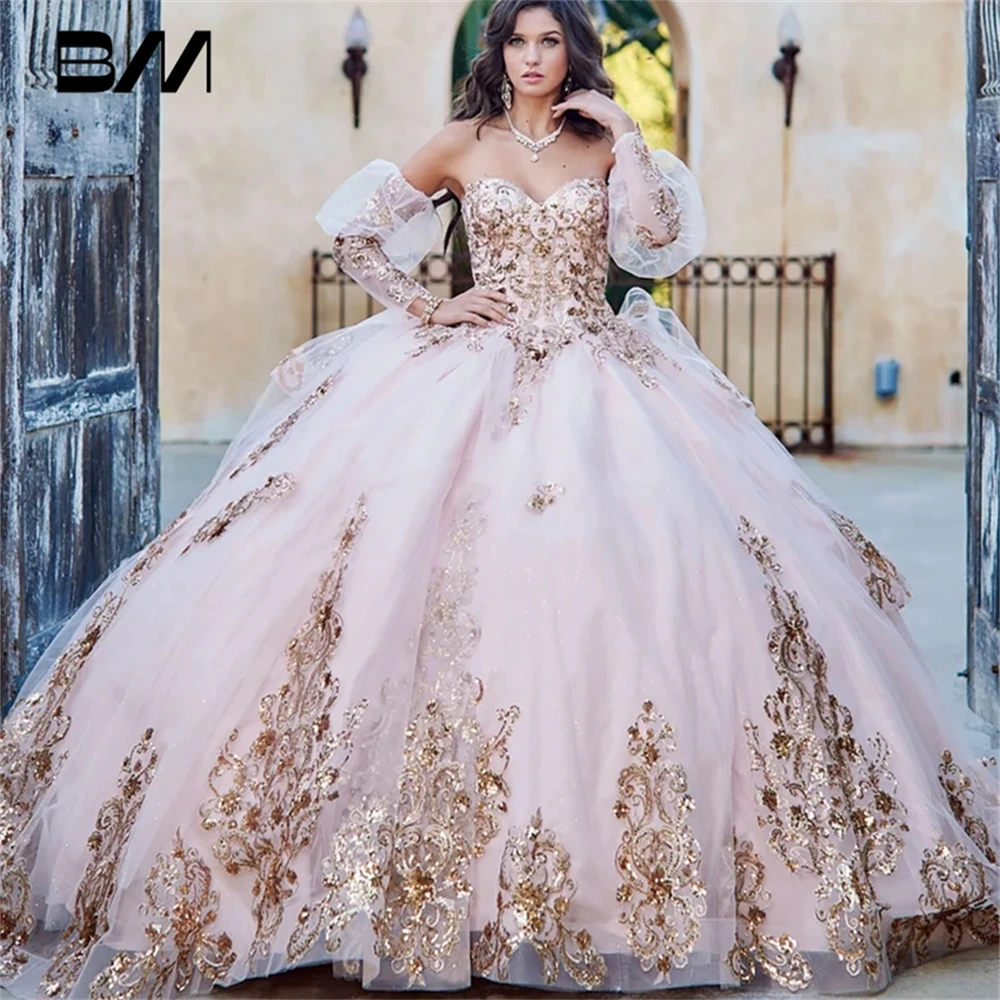 Quinceanera | Detachable Puffy Sleeve Champagne Ballgown | Gold Embroidered and Sequin Bodice Quince dress | Stage Performance