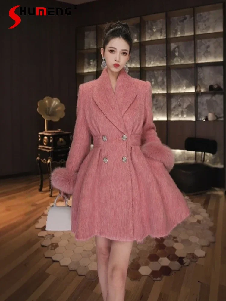 2024 Autumn and Winter New Fashion Pink Suit Collar Dresses Women's Light Luxury High-end Dresses Socialite Thickened Jackets