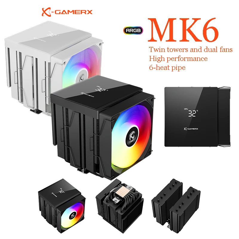X-GAMERX MK6 Dual Tower Radiator CPU Fan ARGB Digital Display Six Copper Tube desktop Computer Air Cooling LGA1851 1700 115X AM5