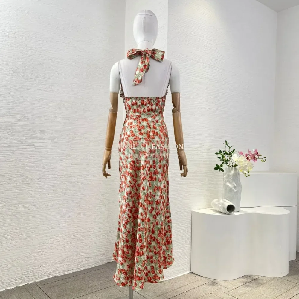 Green Red Floral Print Ruffles Frilled Sleeveless Backless Mermaid Fishtail Midi Dress 2025