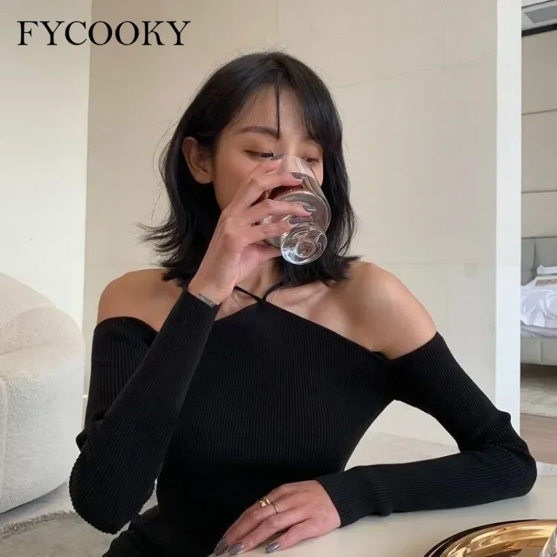 

Collar Fine Shoulder Strap Sexy Sweater Women Careful Machine Backing Shirt Woman Short Off Shoulders Neck Knit Vests