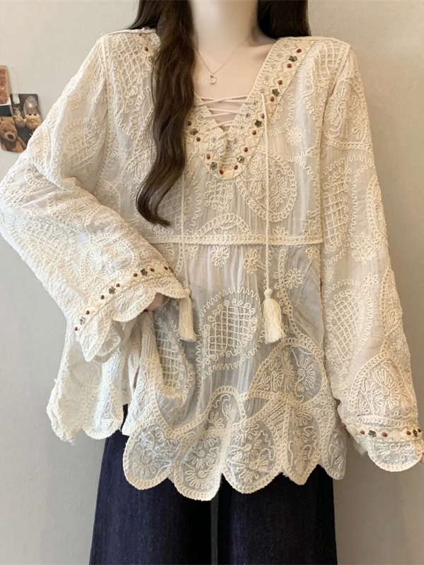 

Модная богемная блузка с вышивкой и кружевом, с длинными рукавами, больших размеров, женская летняя уникальная накидка-топ для защиты от солнца