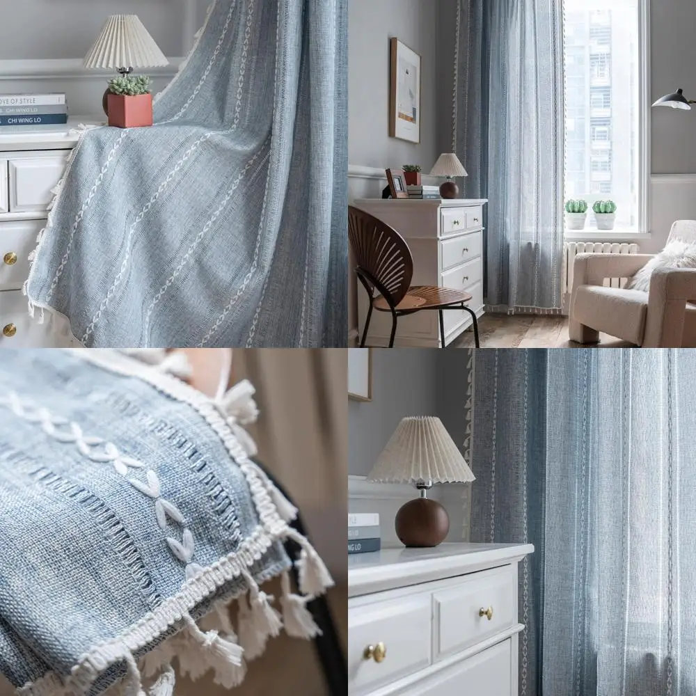 

Синие вышитые полосатые шторы в стиле бохо, 63 дюйма, набор из 2 панелей для гостиной, затемнения и совместимость с раздвижной дверью