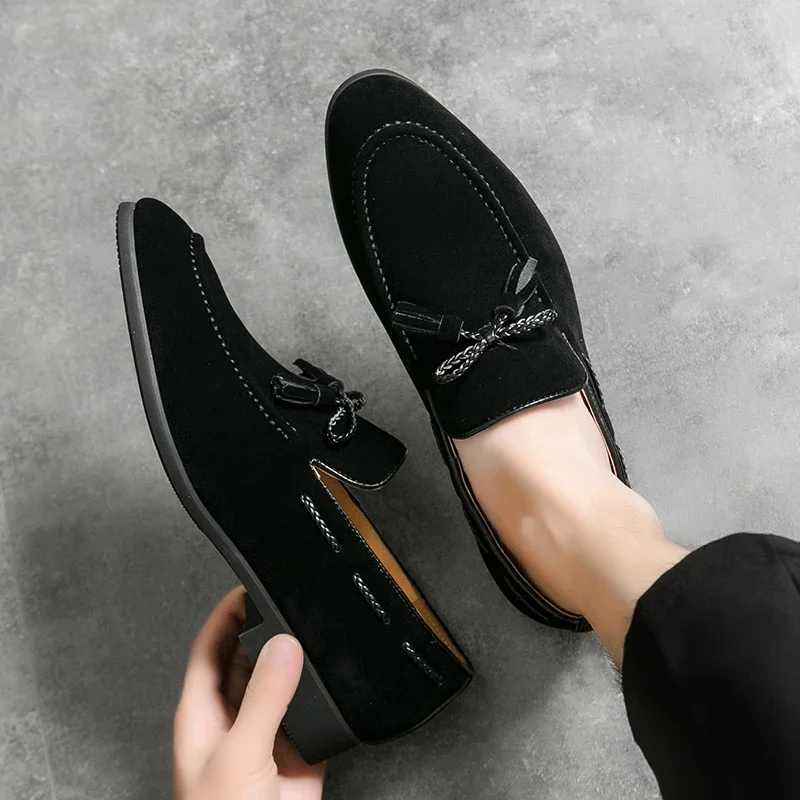 Brand Men's Comfortable Frosted Leather Pointed Low heeled loafers Fashionable Breathable Men's Business Banquet Leather Shoes