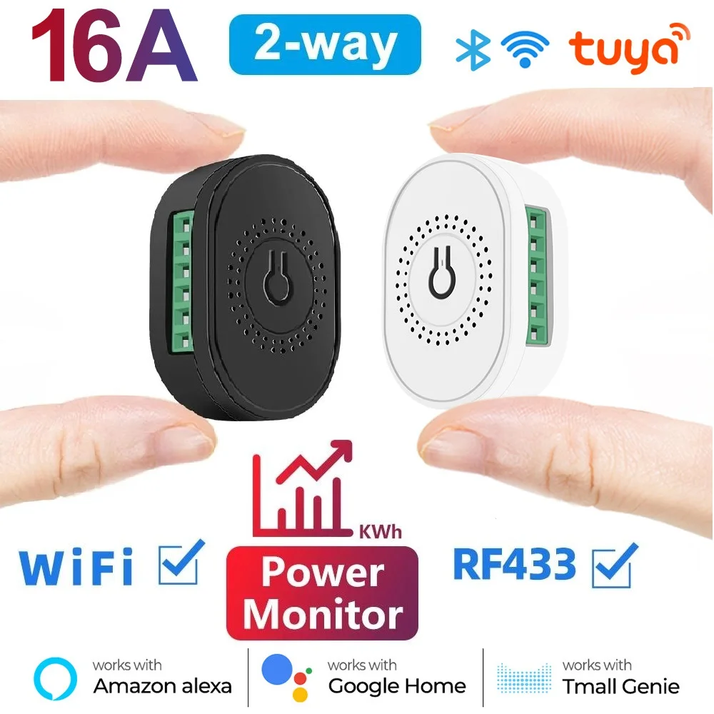 Tuya 16A RF433 WiFi Smart Switch with Power Monitor 2-Way Control Mini Breaker Relay Smart Life Voice Control for Alexa Google