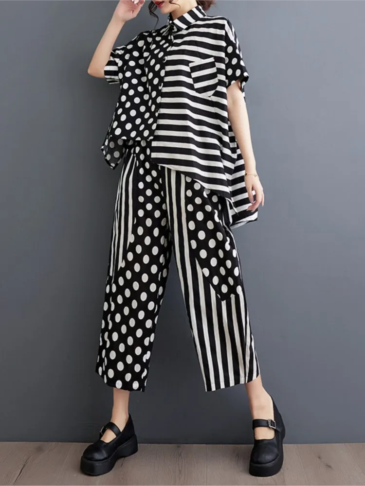 Oversized Striped Polka Dot Print Summer 2 Two Piece Set Women Short Sleeve Fashion Ladies Shirts Tops Loose Casual Woman Pants