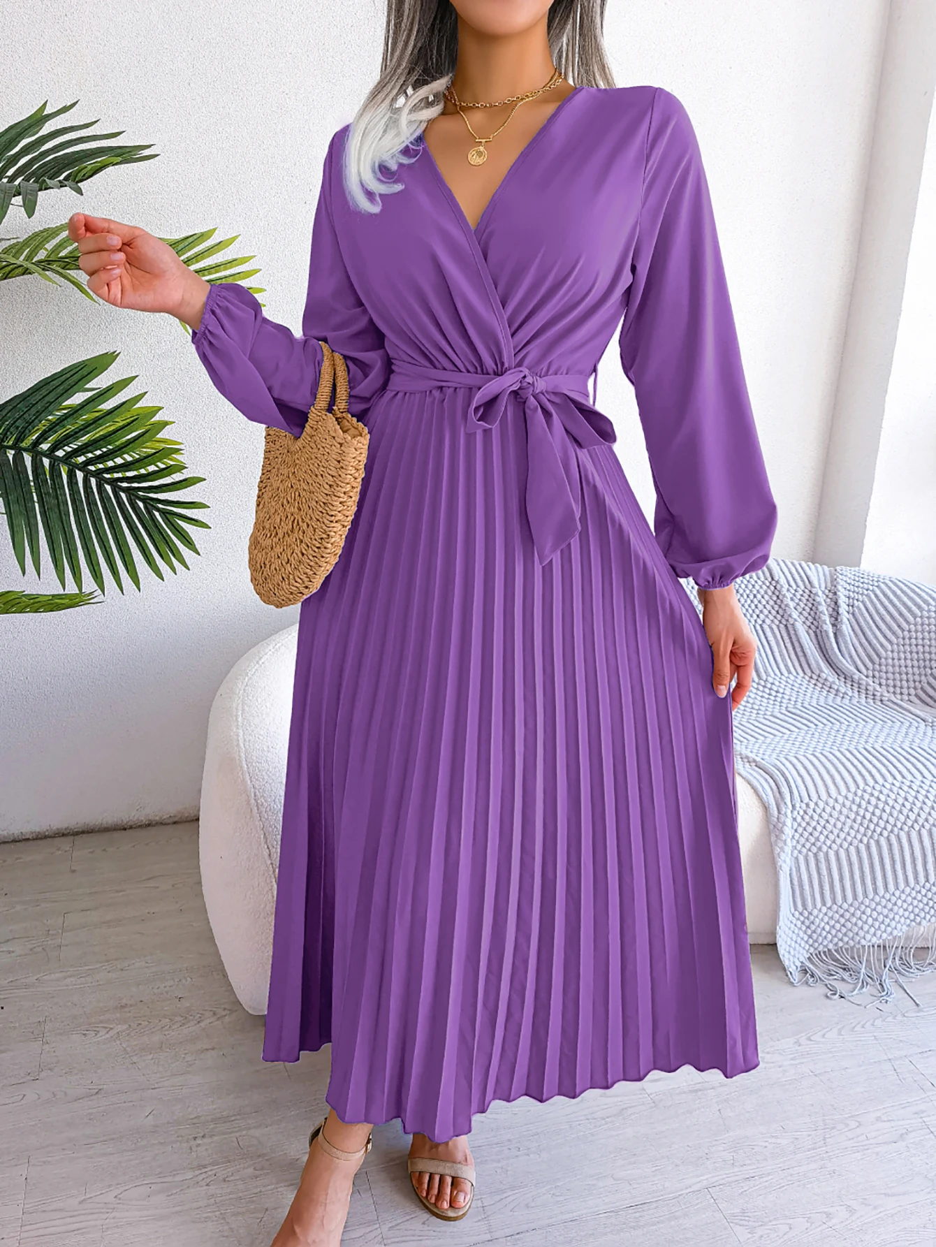 New Elegant Surplice Neck Waist Belt Long Sleeve Solid Pleated Maxi Dress For Women