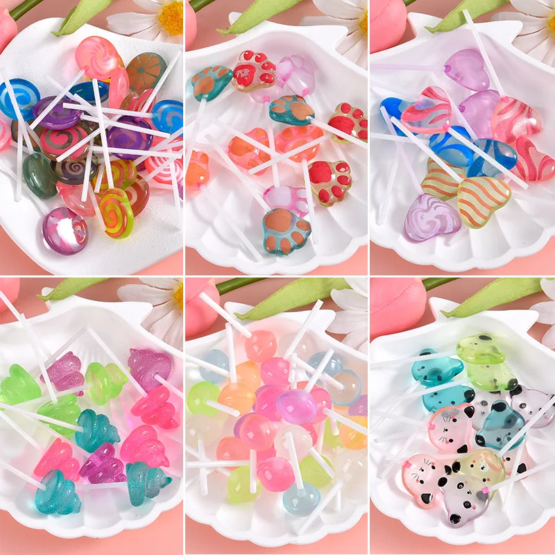 100pcs Kawaii Cartoon Luminous Lollipop Resin Flatback Cabochon Art Supply Decoration Charm DIY Craft Doll House Accessories