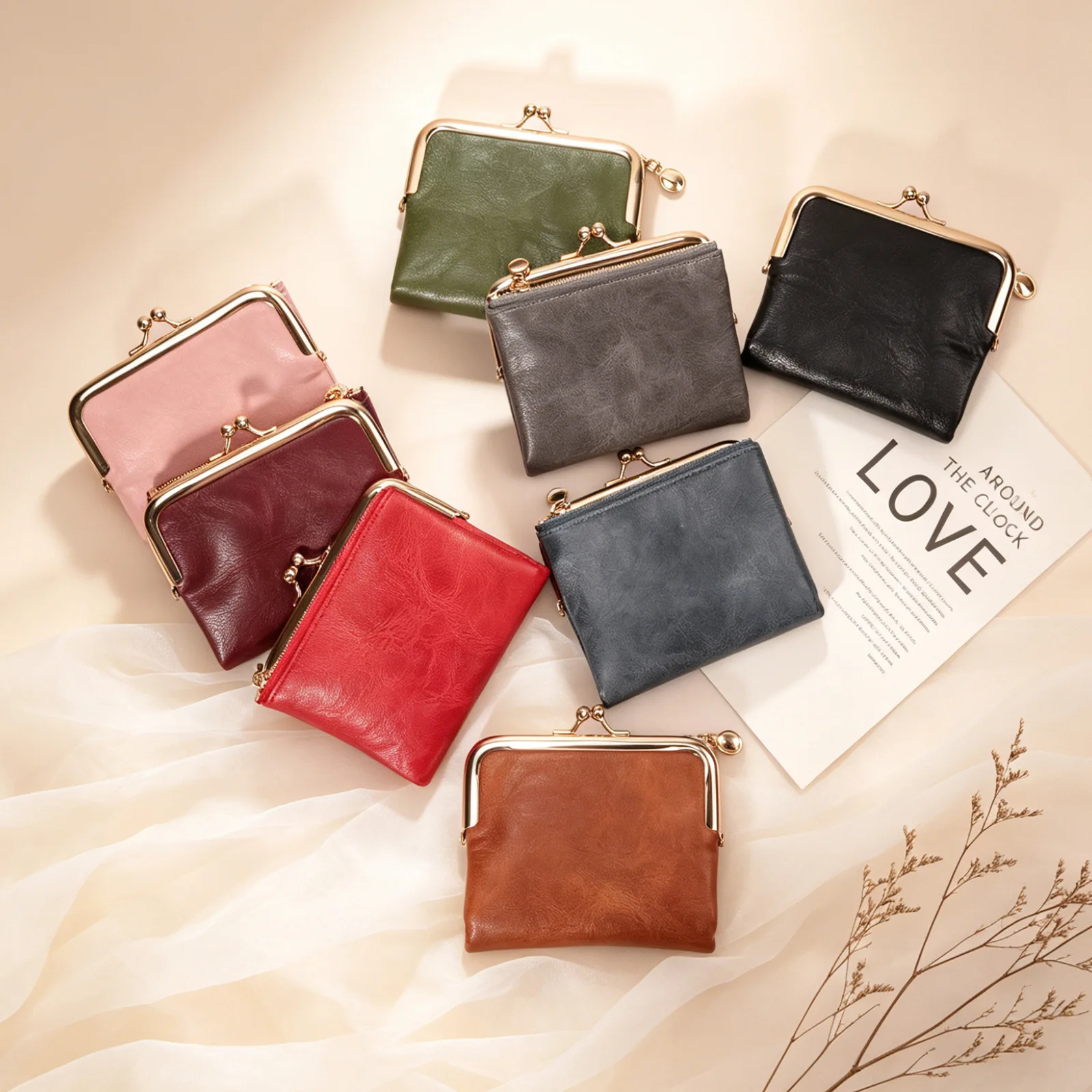 Vintage PU Leather Kiss Lock Coin Purse Solid Color Mini Clasp Wallet, Small Zipper Card Holder Pouch, Portable Ladies Change P