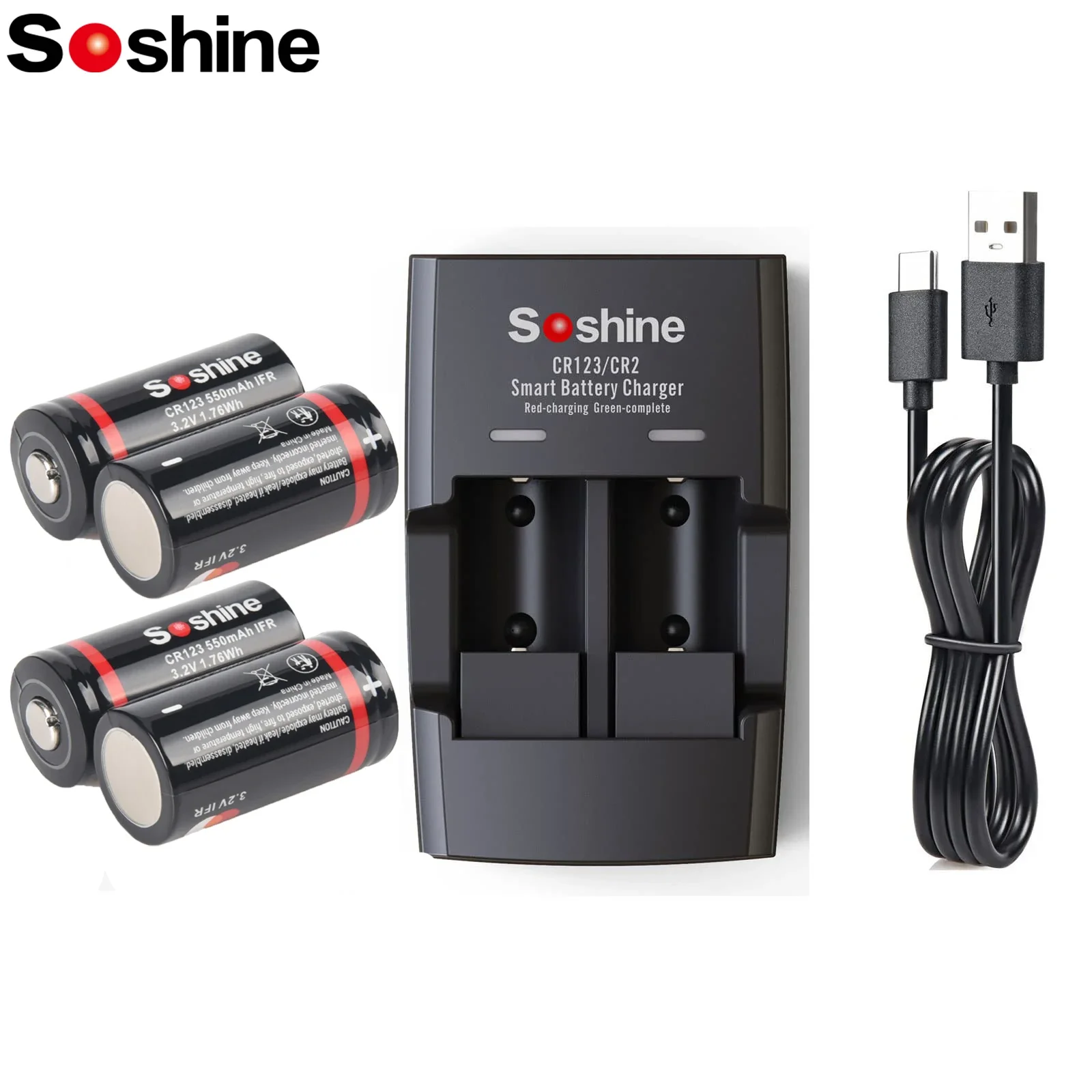 Soshine 550mAh LiFePO4 Rechargeable Battery and LiFePO4 Smart Battery Charger 3.2V RCR123 16340 Batteries for Smoke Alarms Toy