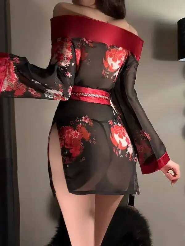 مثير خارج على الكتف ثوب الكيمونو الياباني نمط شفاف مفتوح رداء موحد مجموعة أسود أحمر مع Bowknot حزام الخصر فستان Casaul 8N50 #5