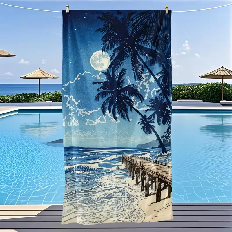 Moonlit Pier Palm Night Seaside Beach Towel Vintage Navy Ocean Scenery Sand Resistant Absorbent Towel for Beach Vacation