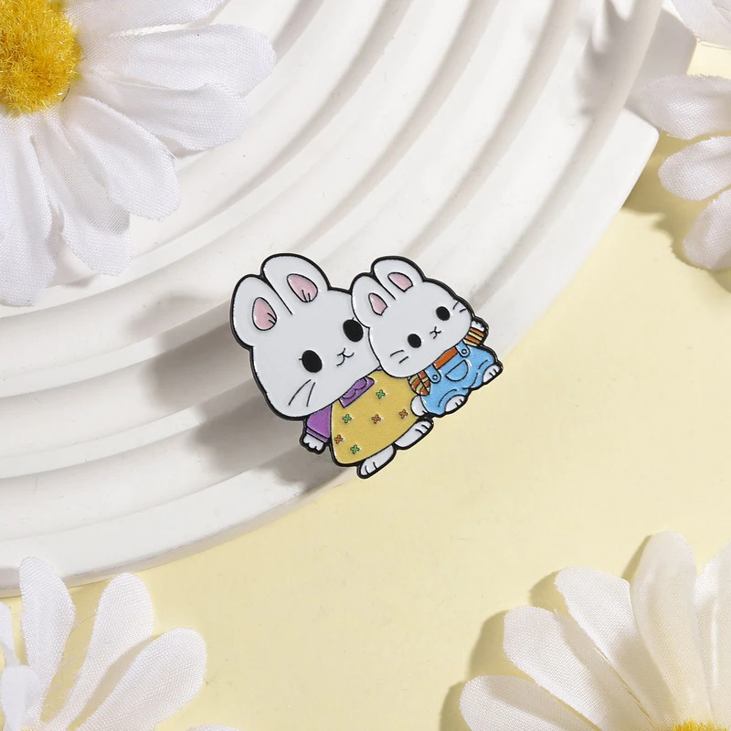 Rabbits Enamel Pins Cartoon Cute Bunny Brooches Lapel Badges Children's Picture Book Animal Jewelry Gift for Kids Friends