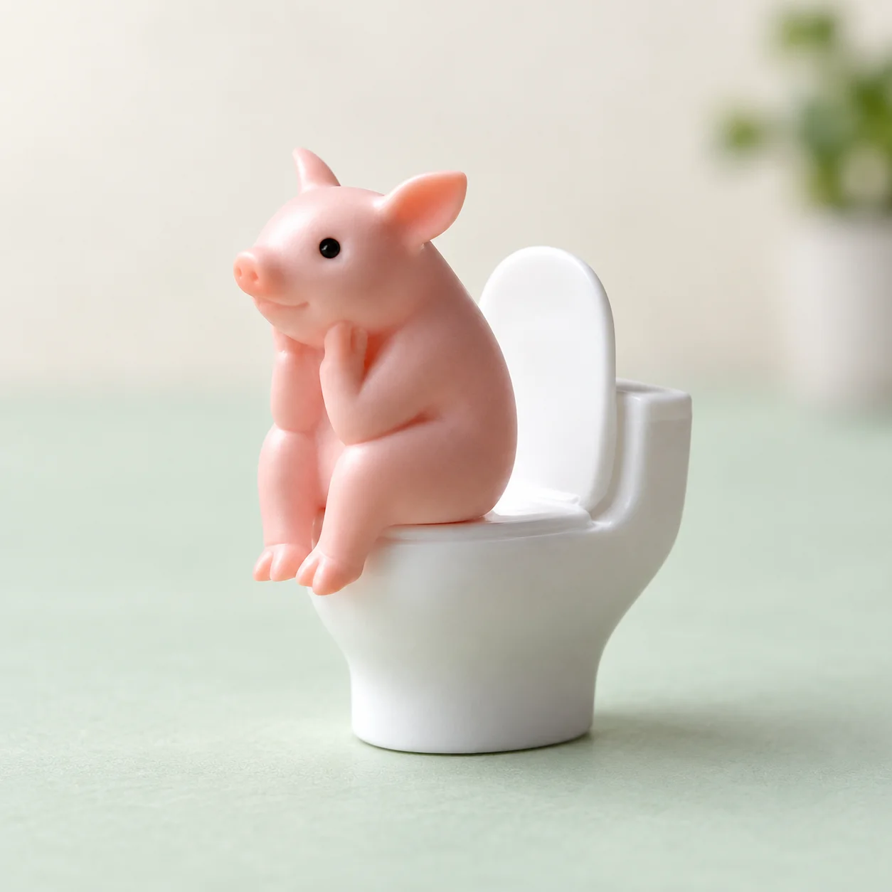 Cartoon Pink Pig Sitting on Toilet Figurine Plastic Miniature Animal Desktop Ornament for Home Office Shelf Decor